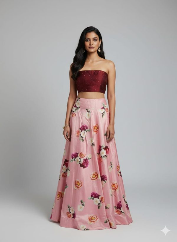 Pink Floral Print Lehenga With Unstitched Blouse Set