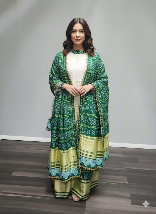 Bandhej Print Silk Flared Lehenga With Peplum Top