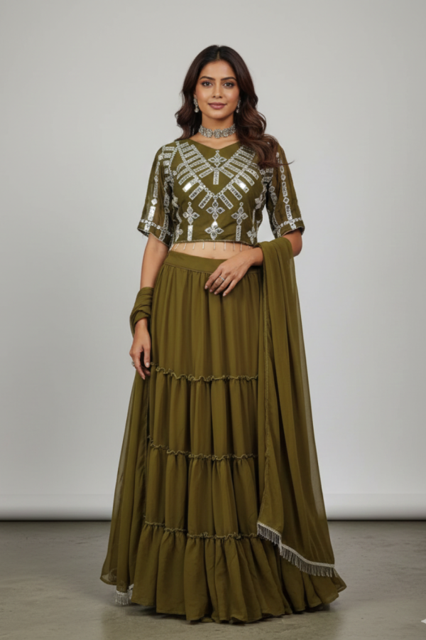 Olive Green Lehenga Set With Stitched Blouse