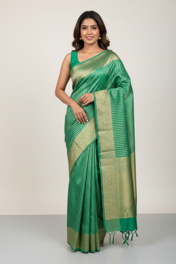 Green And Golden Striped Organza Saree