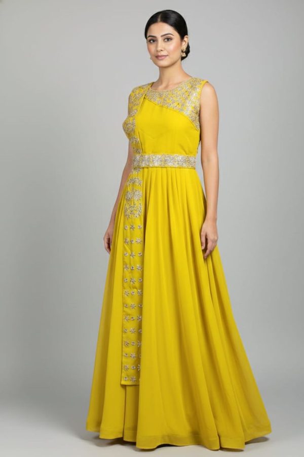 Yellow Floral Long Gown With Attached Dupatta
