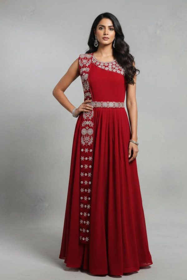 Red Floral Long Gown With Attached Dupatta