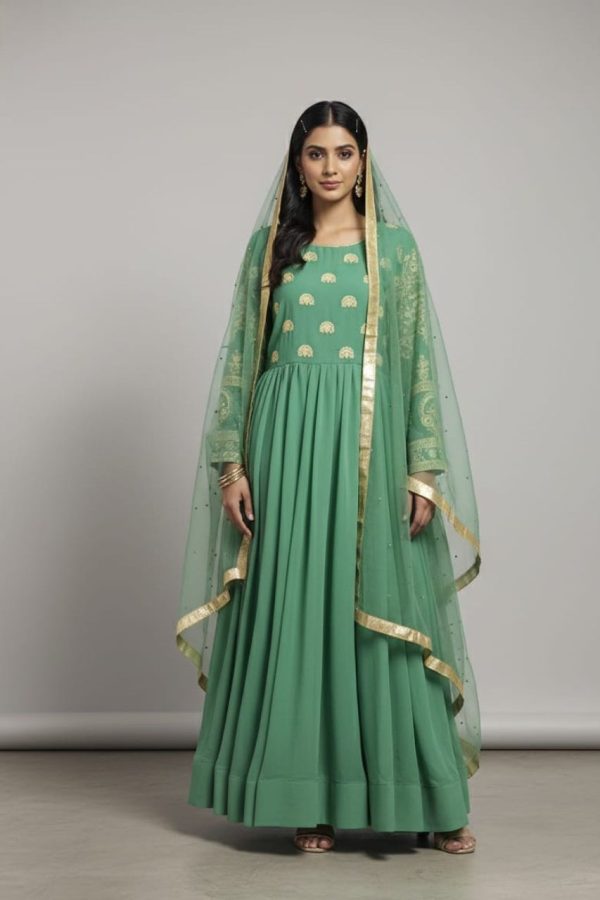Mint Green Georgette Anarkali Suit Set With Dupatta