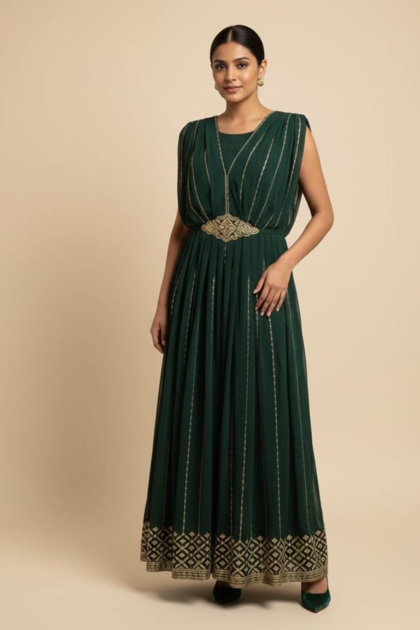 Bottle Green Gown With Golden Stripes