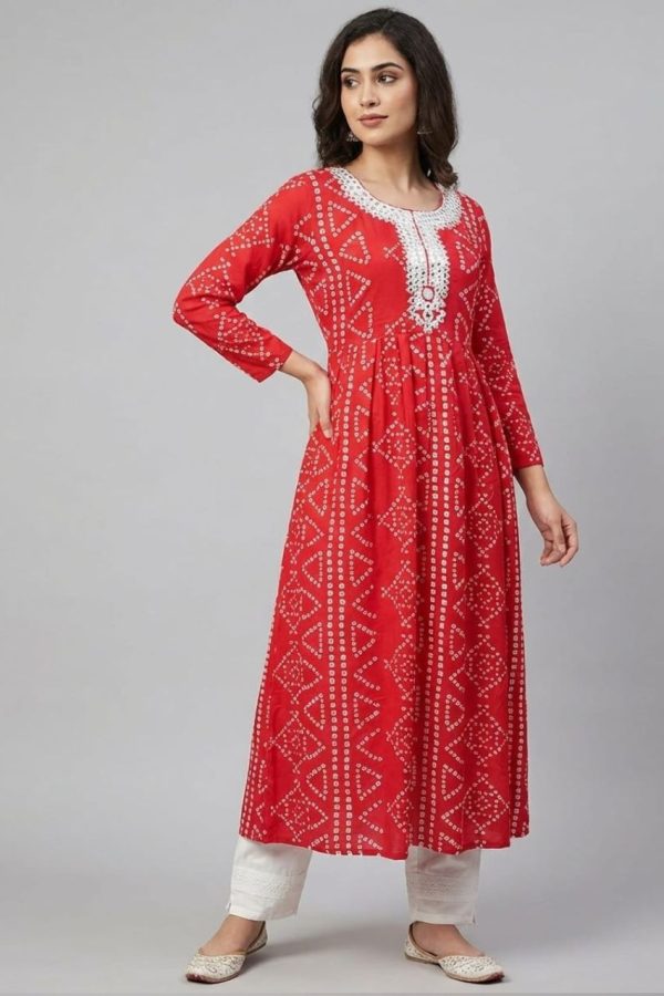 Red Bandhani Print Cotton Anarkali Suit