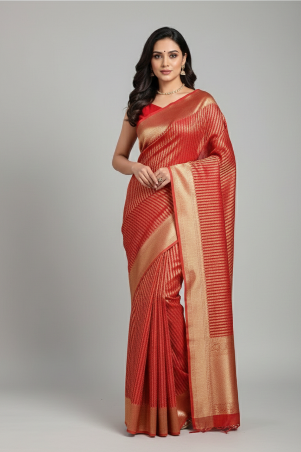 Red And Golden Striped Organza Saree