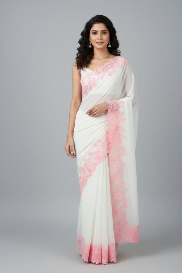 Cream And Pink Tussar Silk Cut Work Saree