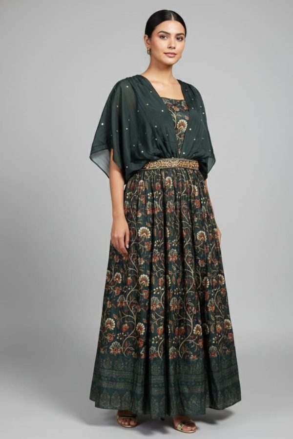 Floral Print Full Length Green Gown