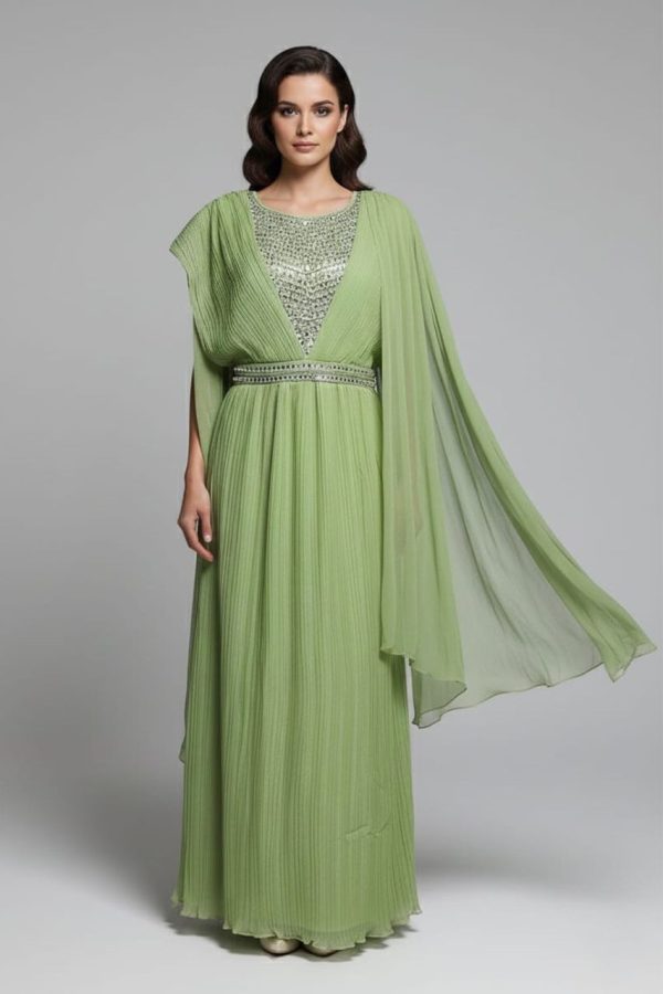 Pista Green Full Length Gown With Attached Belt