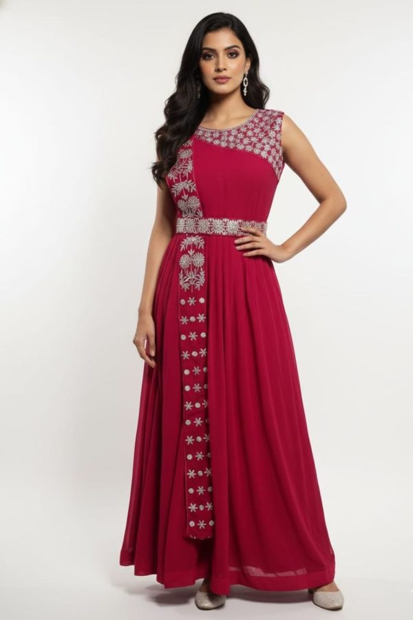 Rani Pink Long Gown With Attached Dupatta