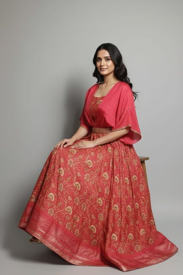 Red Floral Print Full Length Gown With Belt