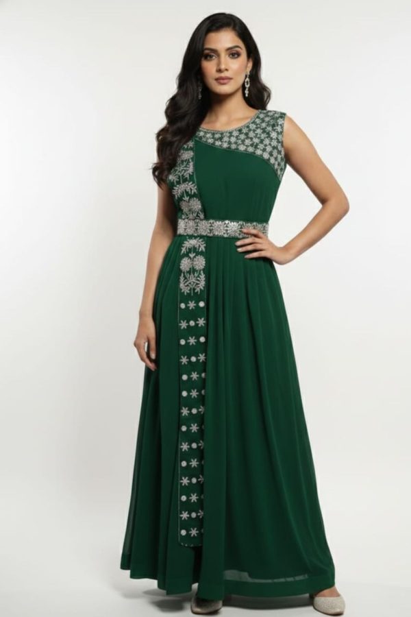 Green Floral Long Gown With Attached Dupatta