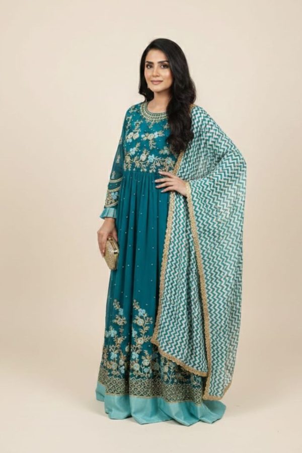 Green Anarkali Suit With Floral Dupatta Set