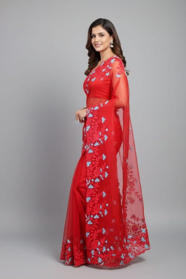 Red Organza Saree With Embroidery Work