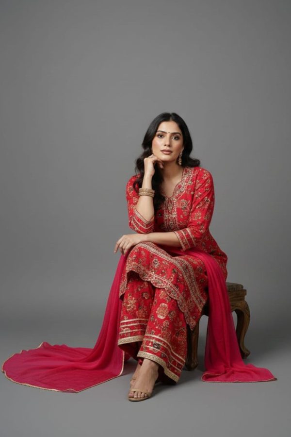 Red Floral Sharara Suit With Peplum Top