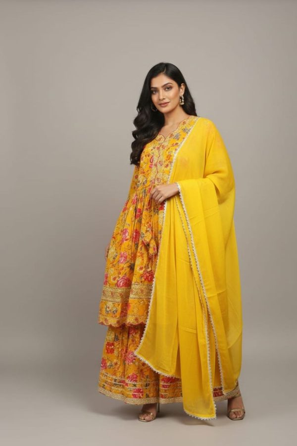 Floral Style Peplum Top With Sharara Set