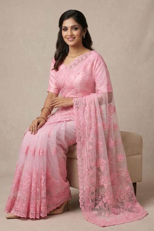 Baby Pink Net Embroidery Saree With Sequins Work