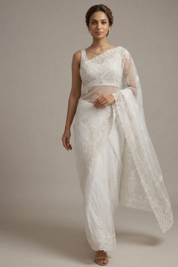 White Net Embroidery Saree With Sequins Work