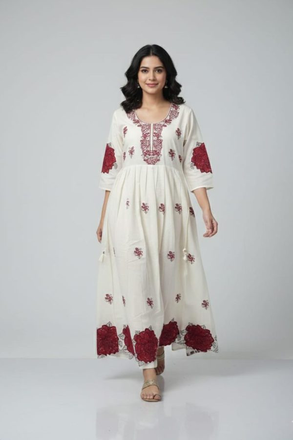 Rose Flower Design Mul Chanderi Embroidery Gown