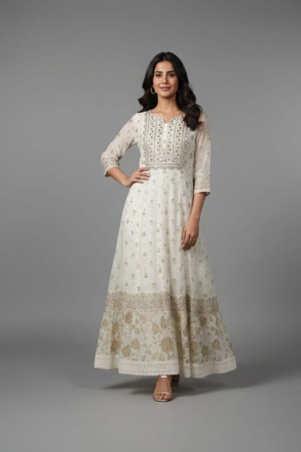 Chanderi Fabric Green Floral Digital Print Gown