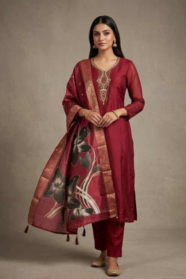 Red Silk Straight Cut Kurta Set With Dupatta