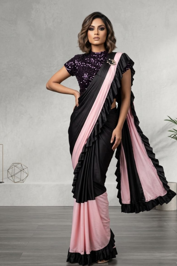 Pre- Pleated Half And Half Black And Pink Color Saree