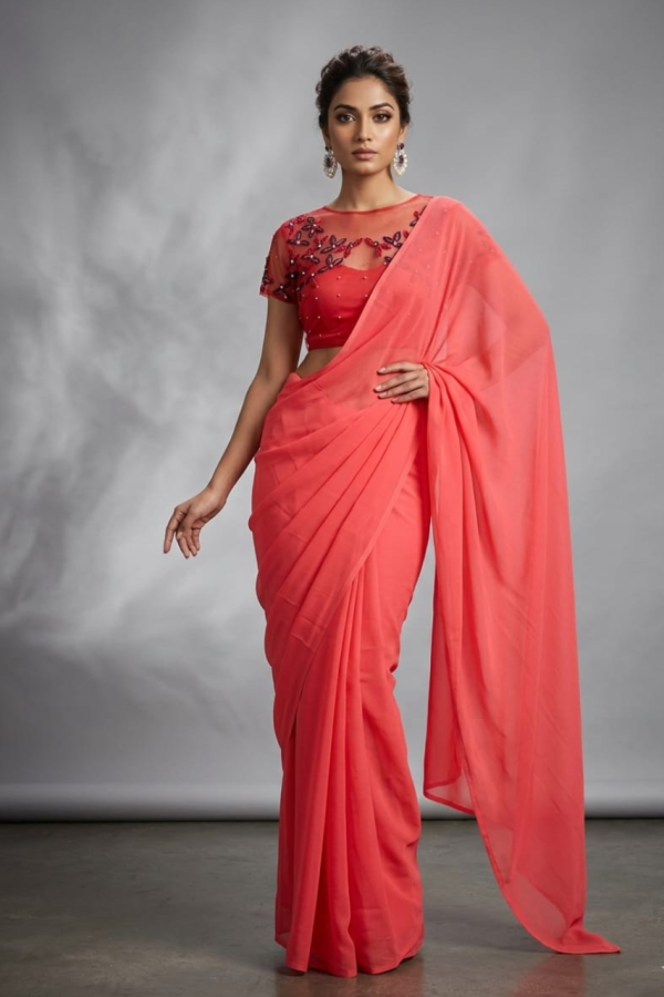 Red Georgette Plain Saree With Designer Blouse