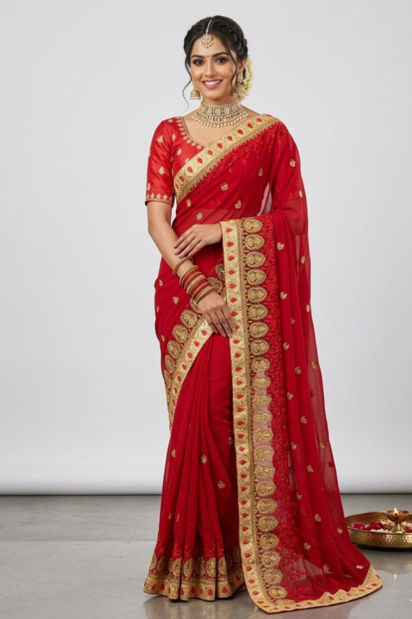 Georgette Embroidery Work Fancy Saree with Lace Work