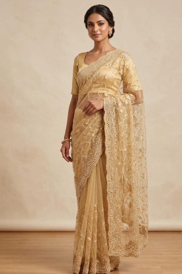 Cream Color Net Embroidery Saree With Bead Work