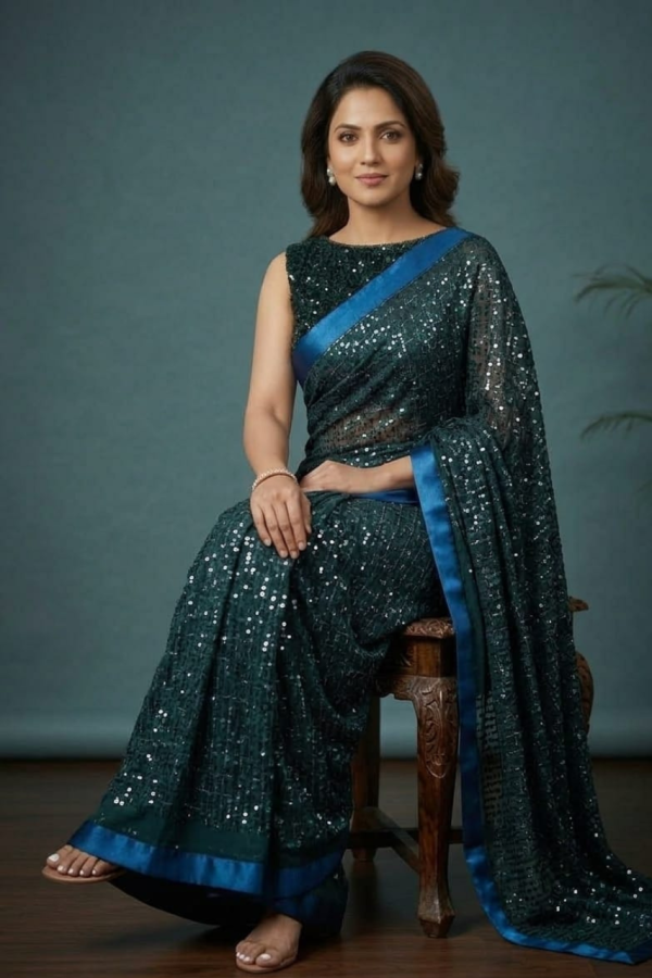 Readymade Pre Pleated Green Shade Sequins Saree