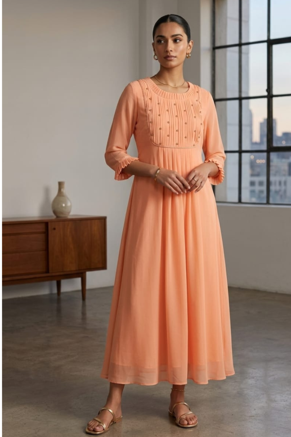 Peach Handwork Aline Georgette Kurti