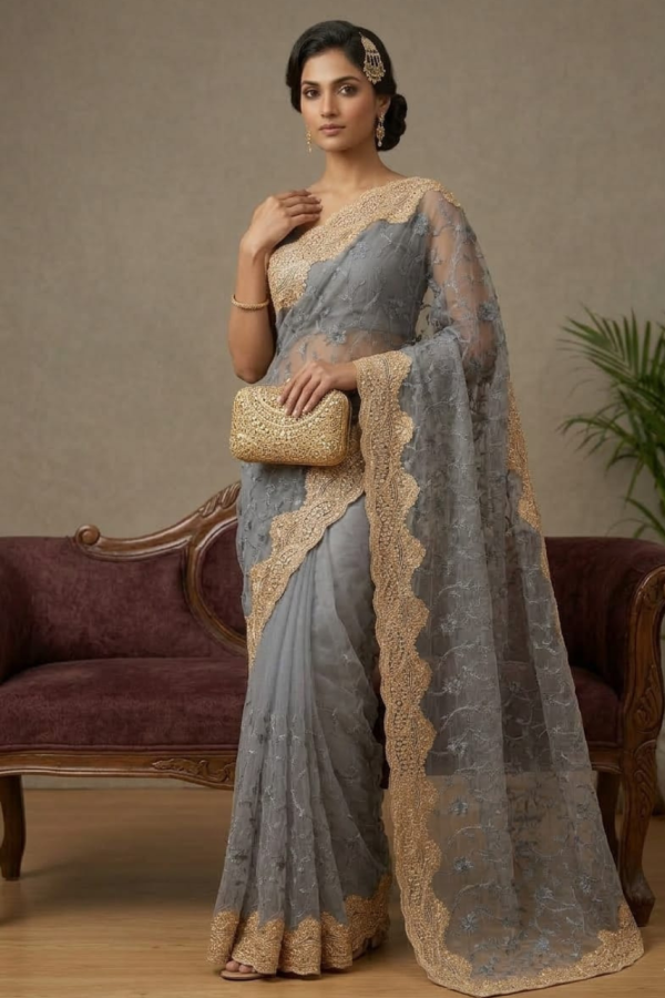 Gray And Golden Border Embroidery Net Saree