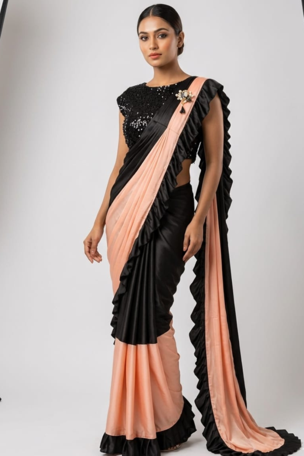 Pre Pleated Half And Half Black And Peach Saree