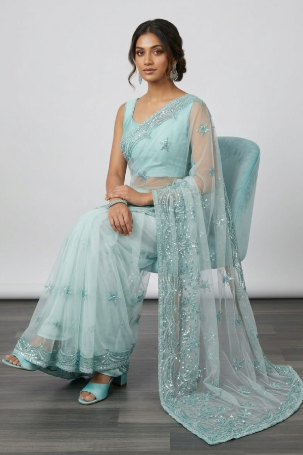 Blue Net Embroidery Saree With Sequins Work
