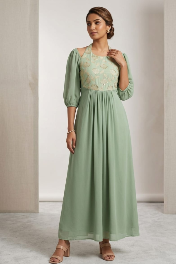 Pista Green Aline Kurti With Halter Tie