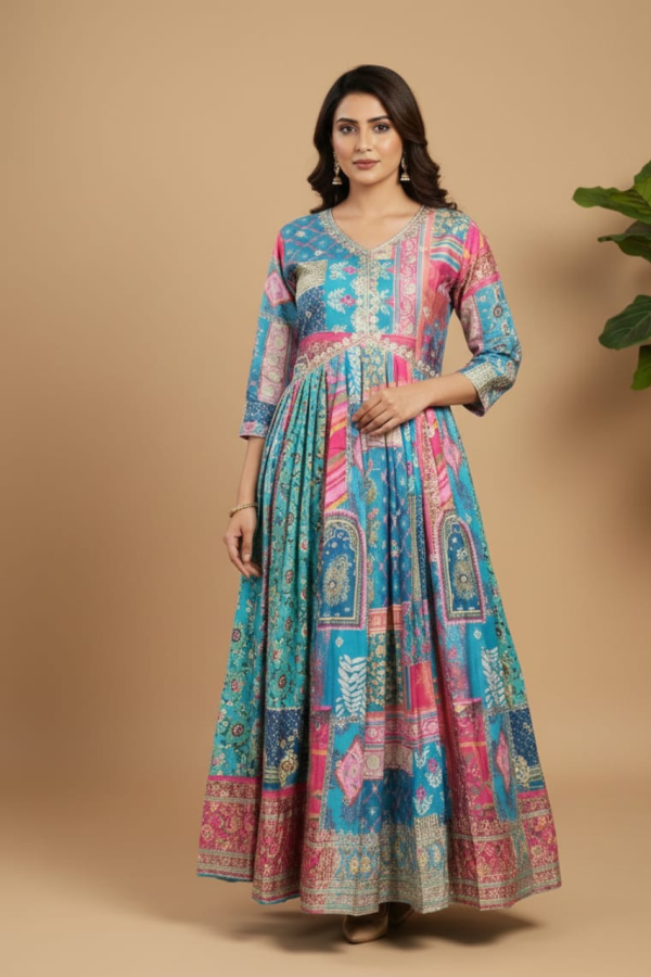 Multicolor Digital Alia Cut Gown With Sequence Work