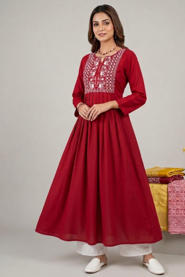 Red Rayon Kurta Set With White Bottom