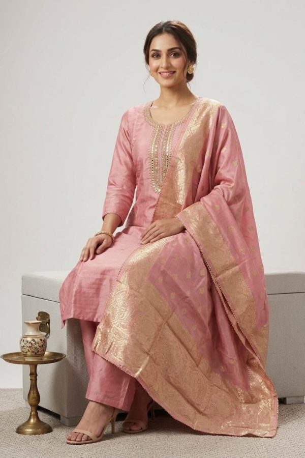 Coral Pink Silk Salwar Suit Set With Dupatta