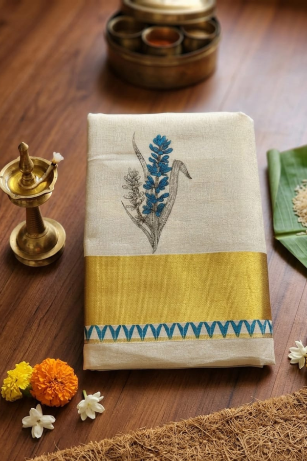 Teal Kathir Print Golden Tissue Silk Set Saree