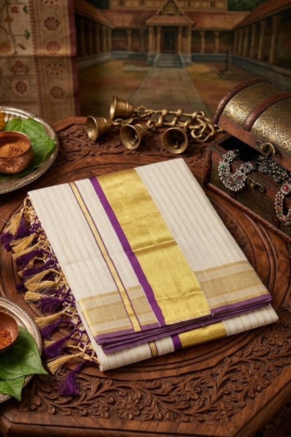 Violet Color And Golden Stripe Set Saree With Tassels