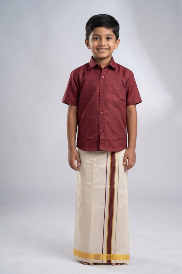 Maroon Shirt And Tissue Silk Mundu