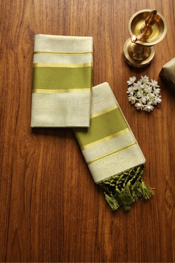 Tissue Silk Green Set Mundu With Tassels