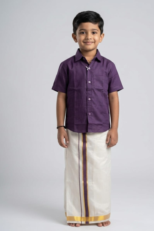 Violet Shirt And Golden Tissue Mundu With Border