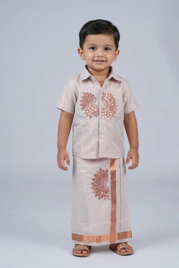 Rose Gold Tissue Silk Mundu And Shirt