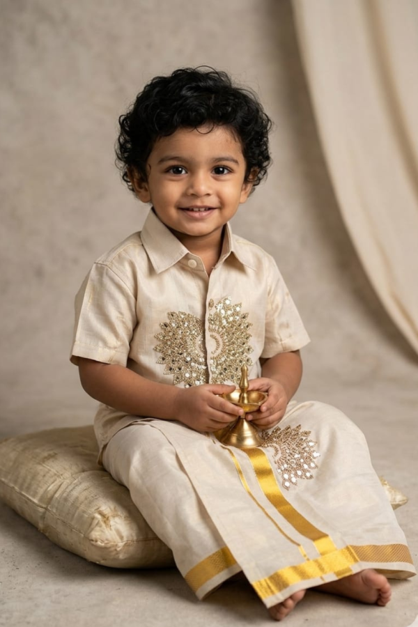 Golden Tissue Mundu And Shirt With Work