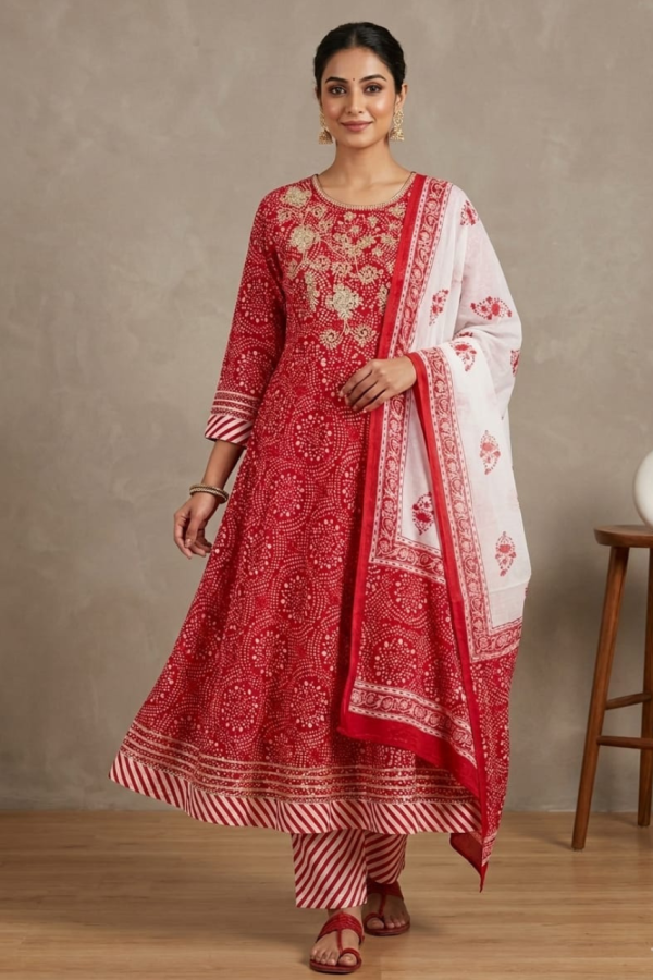 Cherry Red Cotton Anarkali Suit Set