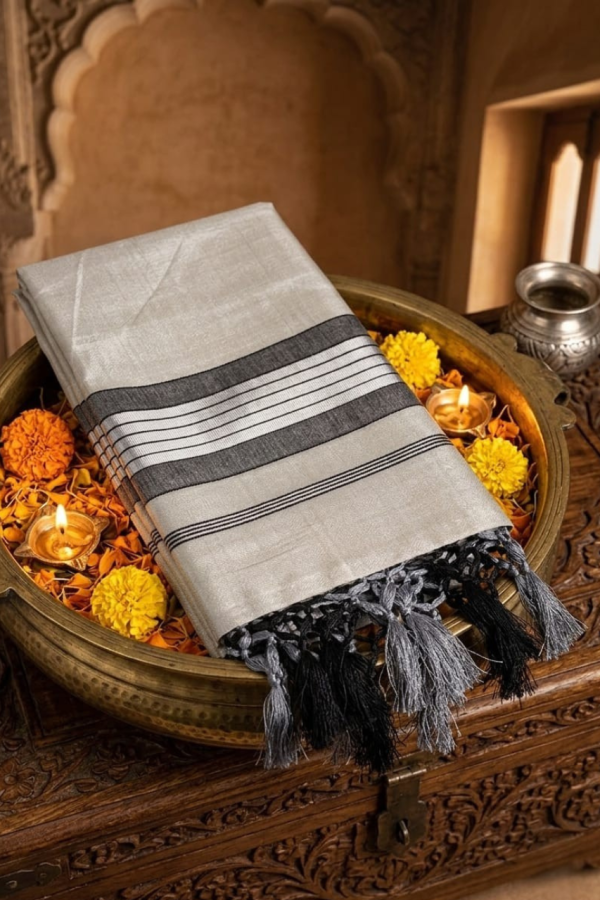 Silver Tissue Silk Black Border Set Saree
