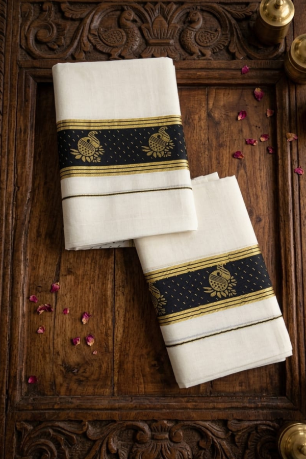 Cotton Set Mundu With Black And Golden Border