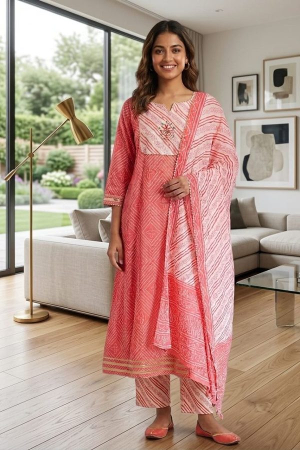 Cotton Anarkali Suit In Pink And White Set