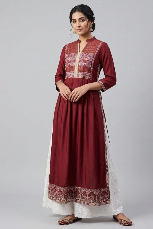 Maroon Kurta Set With Pant And Dupatta
